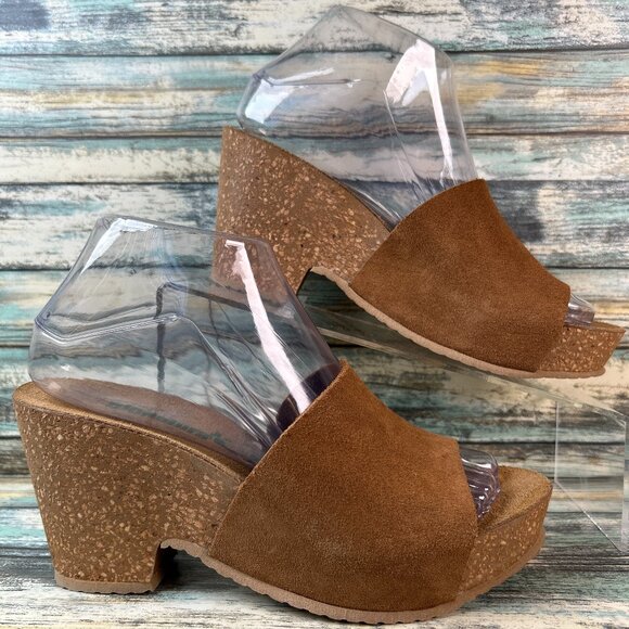 BioNatura Slide Sandals Womens Size 6.5 Brown Suede Platform Chunky Heel Slip On - Picture 1 of 12